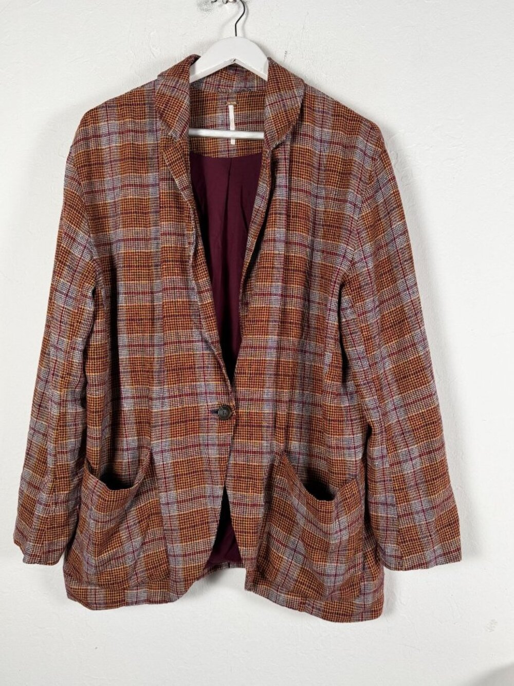 Free People Plaid Linen-Blend Blazer Jacket With Pockets Burgundy & Mustard S